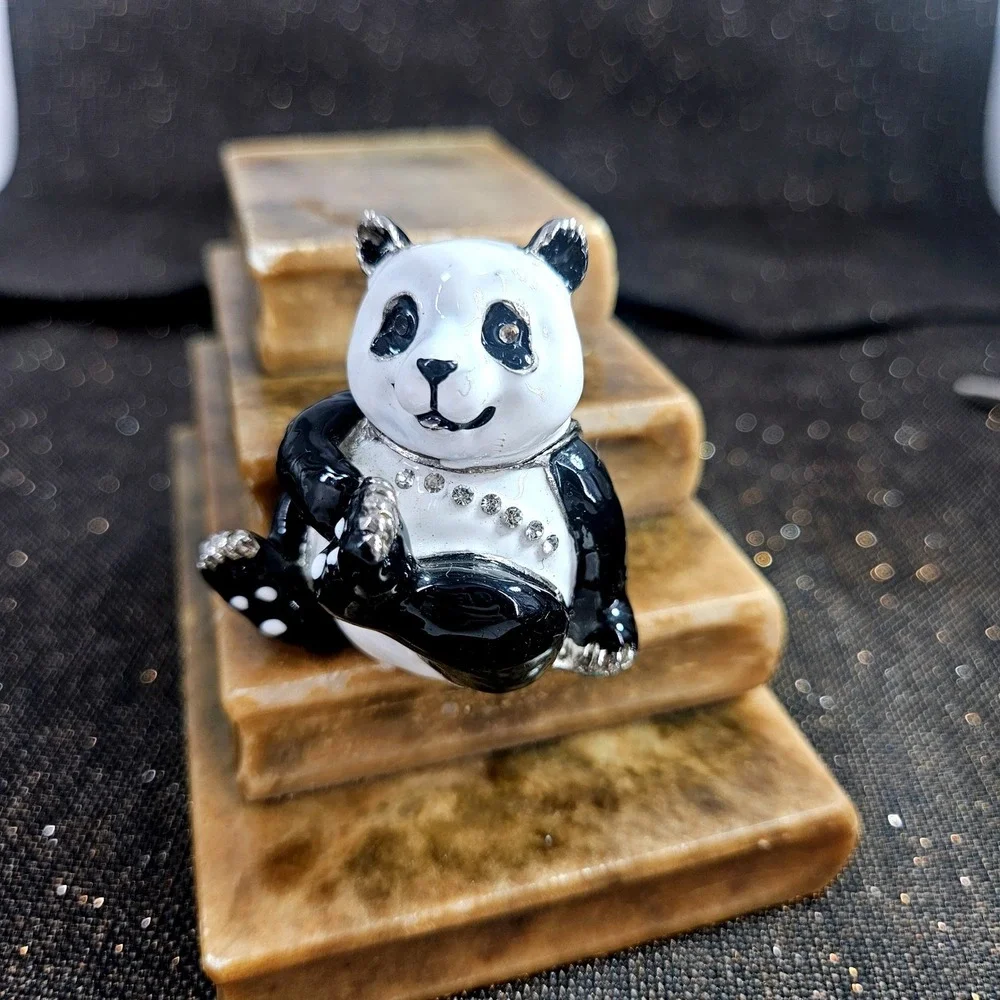 Panda Bear Hinged Trinket Box Enamel Rhinestone‎ Crystal Bejeweled Black White